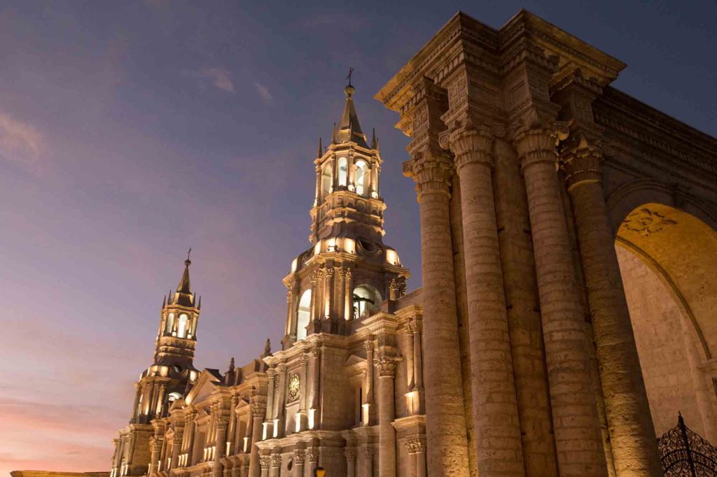 Arequipa, Peru: View of the Cathedral main church at the morning